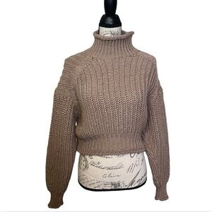 H&M Women Taupe Knit Chunky Turtleneck Cropped Sweater